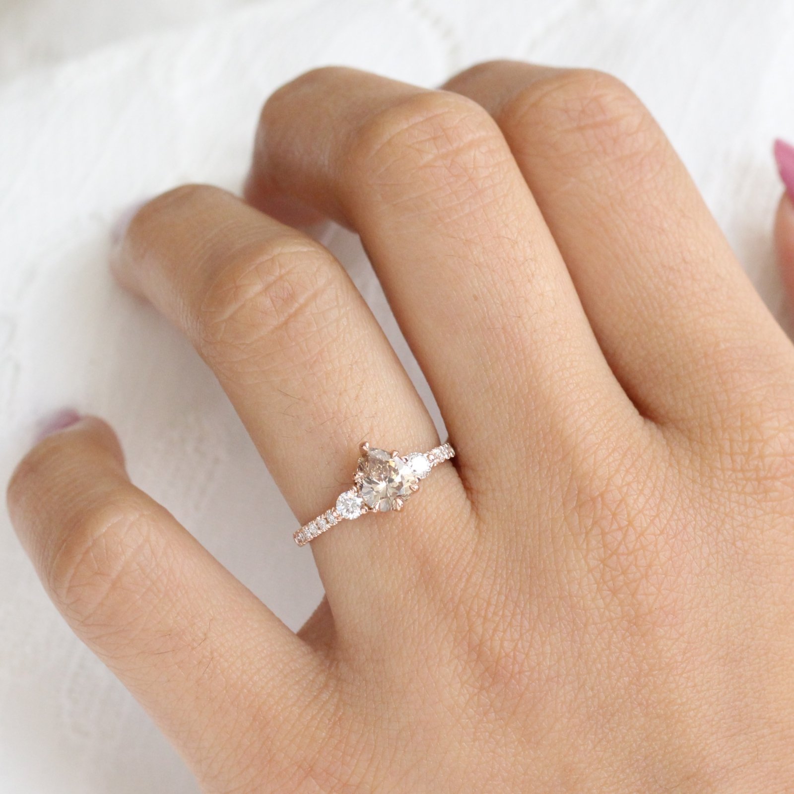 champagne diamond engagement ring in rose gold 3 stone pear ring by la more design jewelry 3